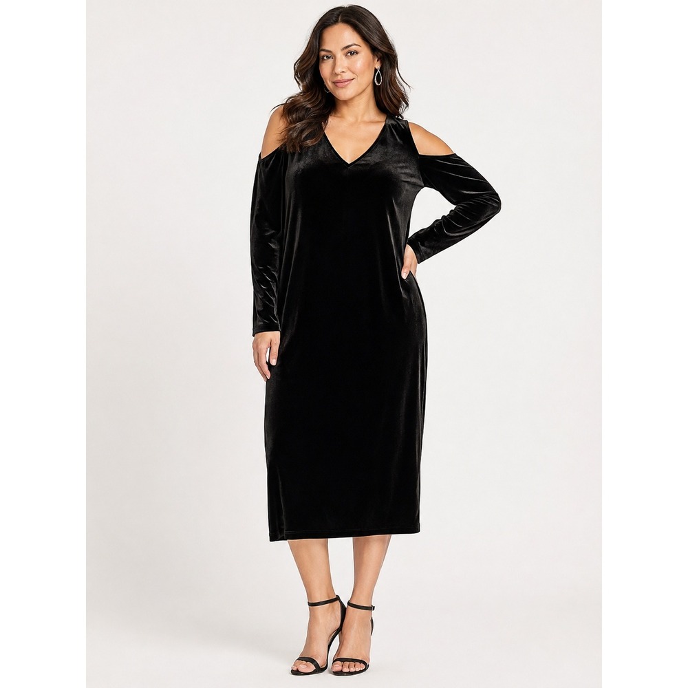 Vince‎ Camuto V Neck Cold Shoulder Sleeve Velvet Bodycon Dress Black Large
